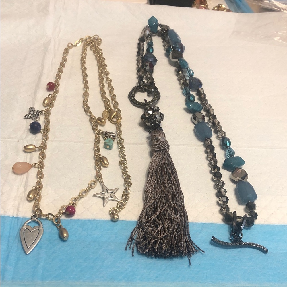 Chico's Gold and Teal Layered Charm & Tassel Necklace Set